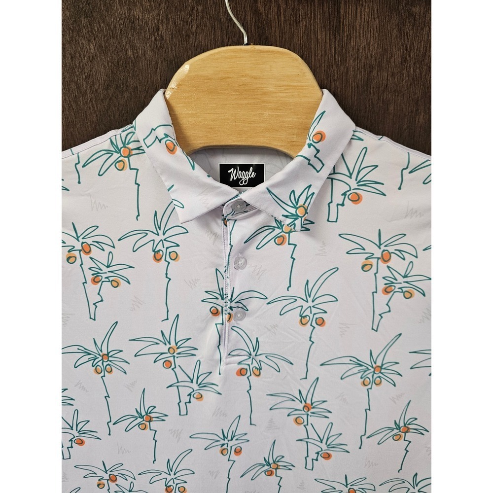 Waggle Golf Polo Mens Large White Palm Tree Print Short Sleeve Performance Shirt - Picture 2 of 8